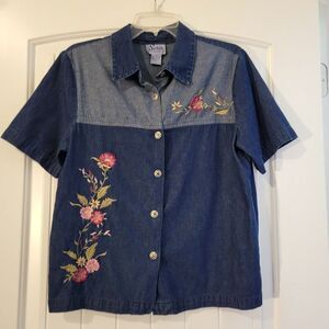 Vintage Sarin New York Embroidered womens denim top Colorblock M Cottage Grandma
